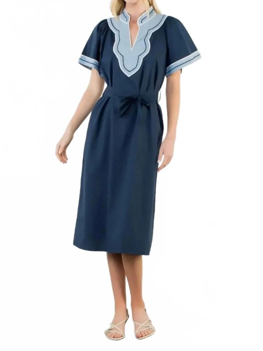 THML Navy Blue V-Neck Tie Waist 100% Cotton Cottagecore Dress - Small